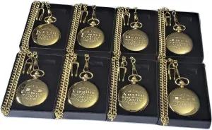 Groomsmen Personalized Gifts with Chain and Box Included - Engraving Included (Gold Polished) 8 Gold Polished Engraved Pocket Watches - Gift Box Set of 8 astound for Weddings - 