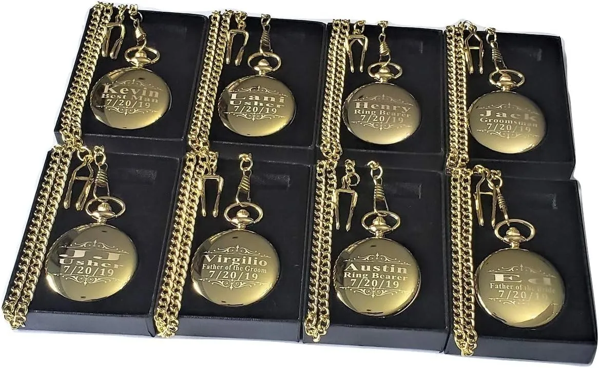 Groomsmen Personalized Gifts with Chain and Box Included - Engraving Included (Gold Polished) 8 Gold Polished Engraved Pocket Watches - Gift Box Set of 8 astound for Weddings - 