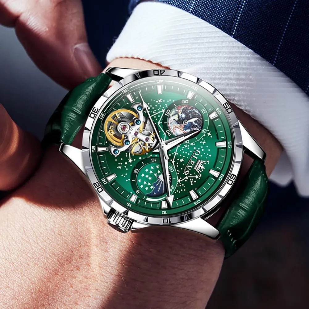 grower Waterproof Luminous OLEVS Mens Leather Watches Automatic Mechanical Skeleton Tourbillon Diamond Luxury Self Winding Dress Wrist Watches Moon Phase 