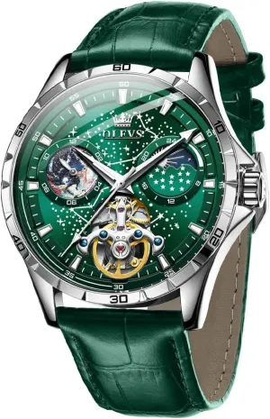 grower Waterproof Luminous OLEVS Mens Leather Watches Automatic Mechanical Skeleton Tourbillon Diamond Luxury Self Winding Dress Wrist Watches Moon Phase 
