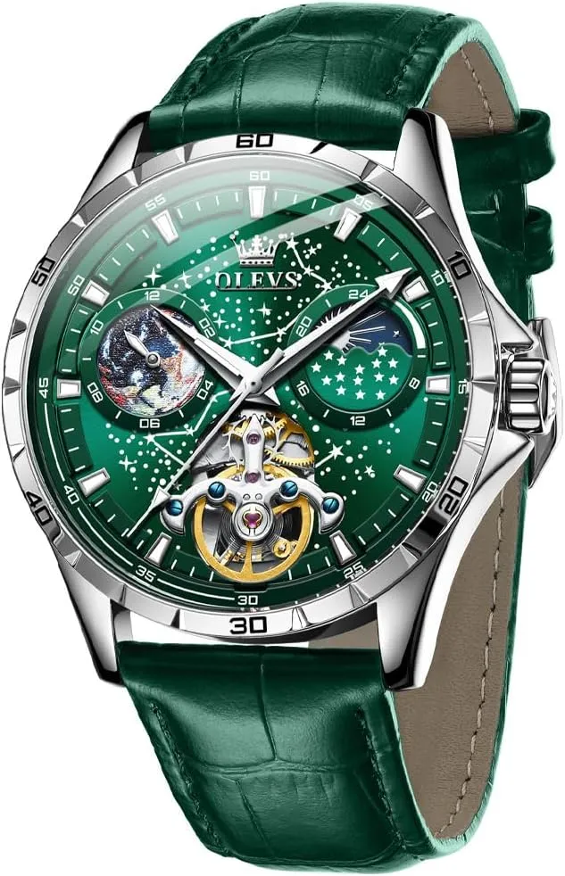 grower Waterproof Luminous OLEVS Mens Leather Watches Automatic Mechanical Skeleton Tourbillon Diamond Luxury Self Winding Dress Wrist Watches Moon Phase 