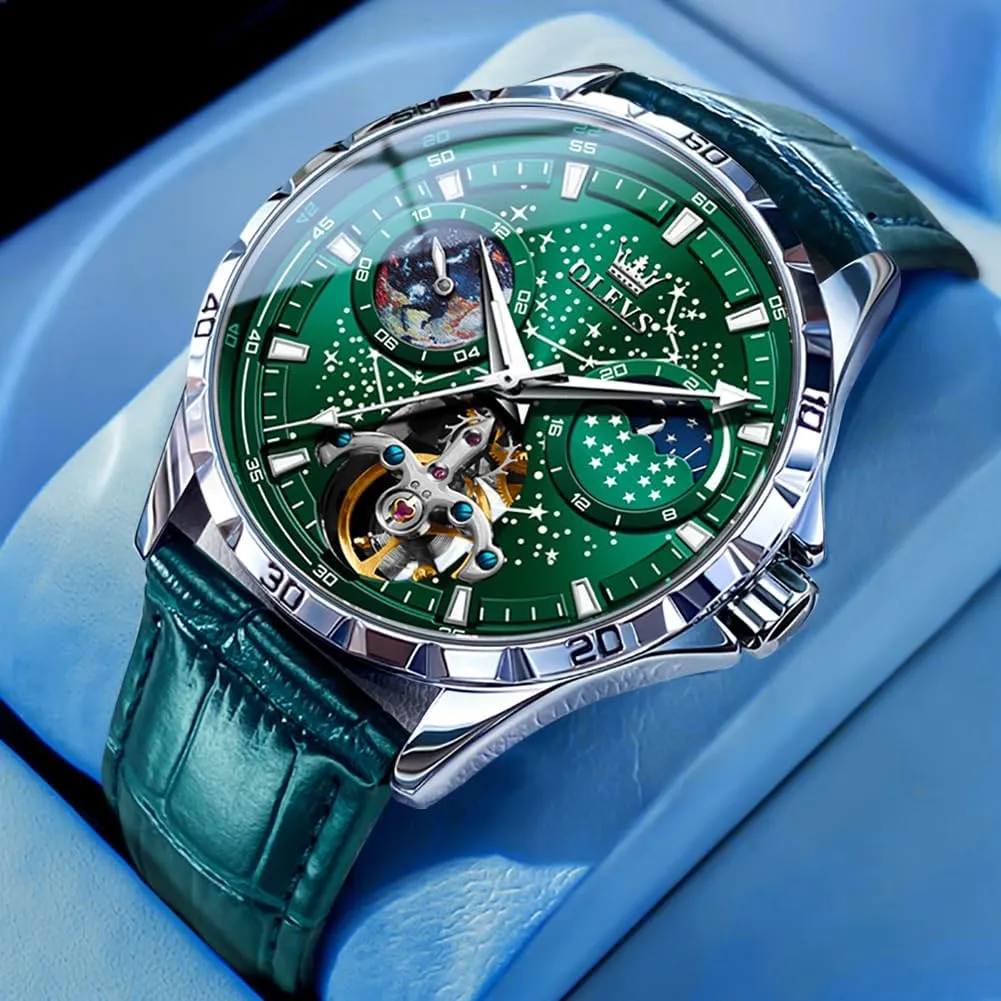 grower Waterproof Luminous OLEVS Mens Leather Watches Automatic Mechanical Skeleton Tourbillon Diamond Luxury Self Winding Dress Wrist Watches Moon Phase 