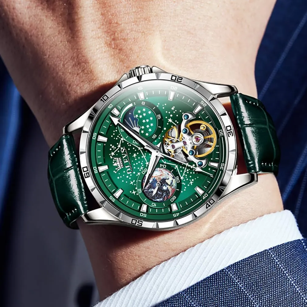 grower Waterproof Luminous OLEVS Mens Leather Watches Automatic Mechanical Skeleton Tourbillon Diamond Luxury Self Winding Dress Wrist Watches Moon Phase 