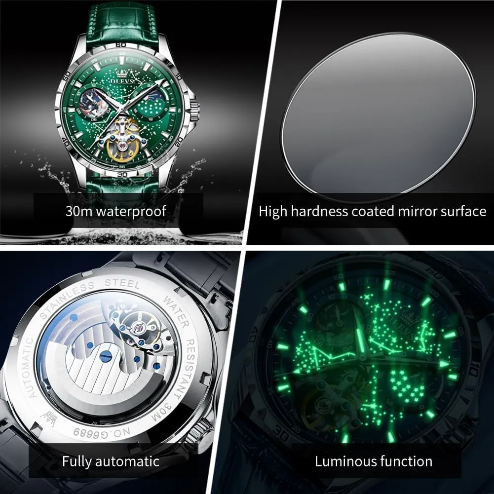 grower Waterproof Luminous OLEVS Mens Leather Watches Automatic Mechanical Skeleton Tourbillon Diamond Luxury Self Winding Dress Wrist Watches Moon Phase 