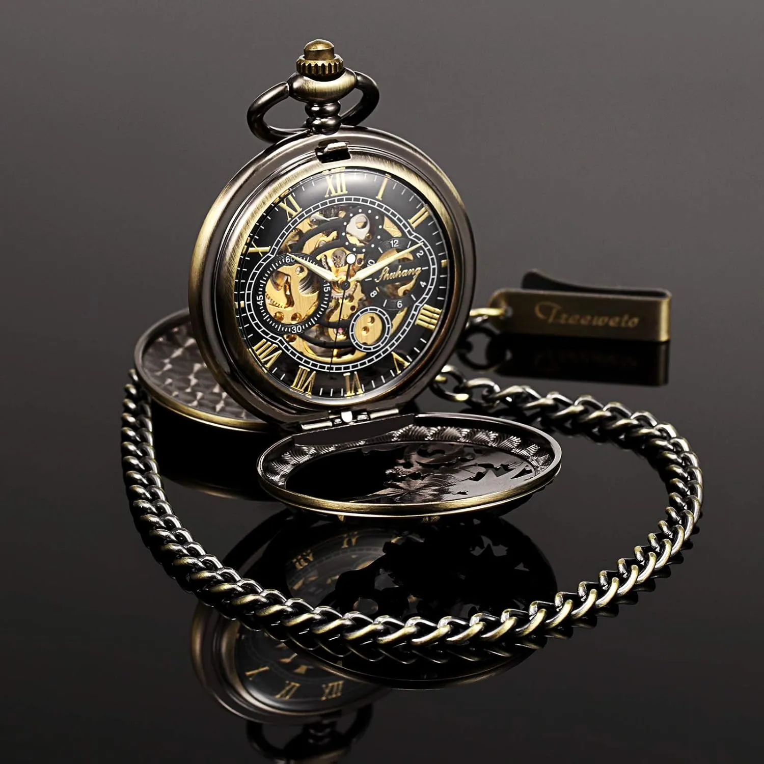 Half Hunter Double Open Silver/Bronze/Black Case for seedy polish astute grill consensus Man Mens Mechanical Pocket Watch Dream Dragon Skeleton 