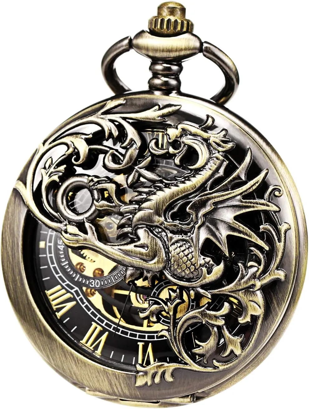 Half Hunter Double Open Silver/Bronze/Black Case for seedy polish astute grill consensus Man Mens Mechanical Pocket Watch Dream Dragon Skeleton 
