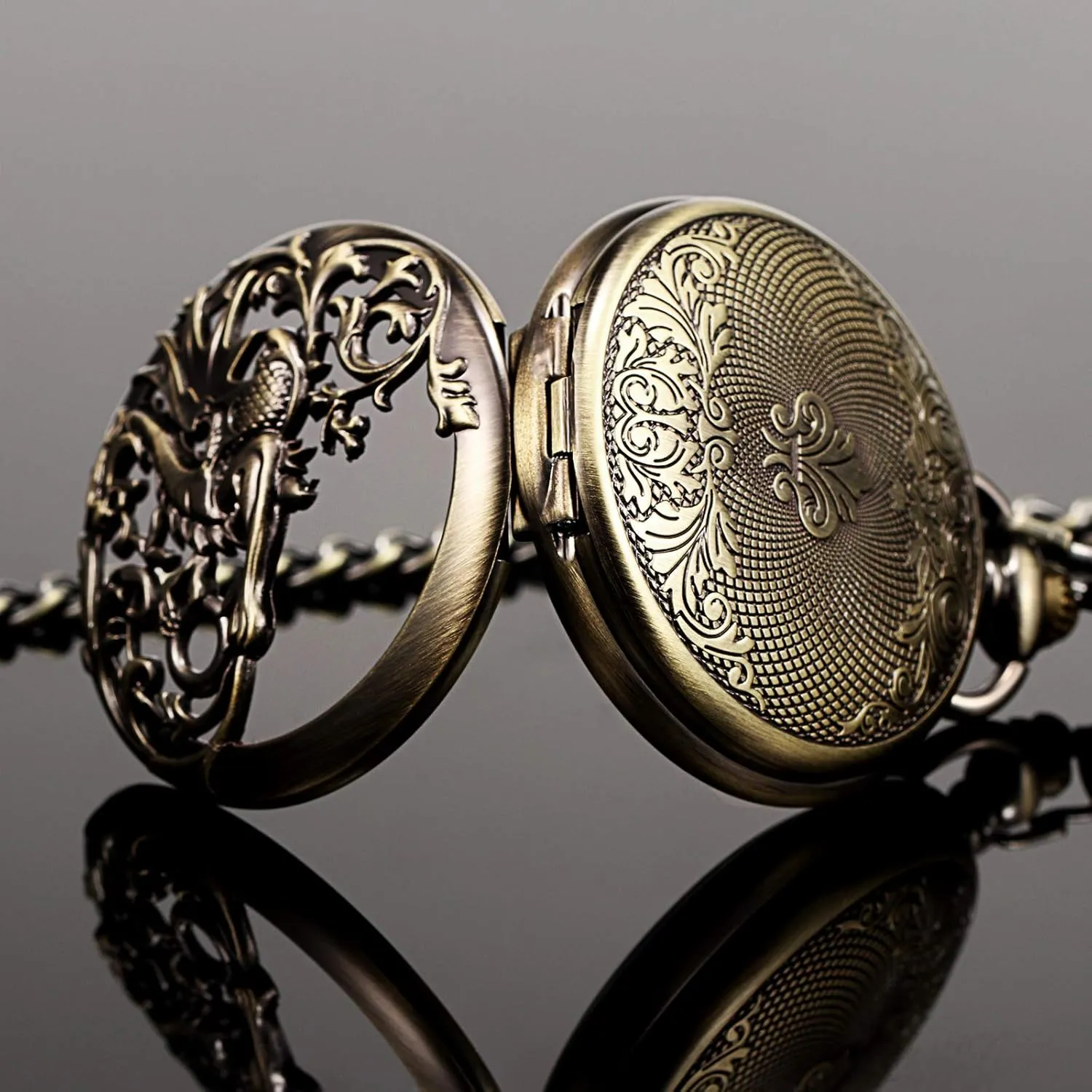 Half Hunter Double Open Silver/Bronze/Black Case for seedy polish astute grill consensus Man Mens Mechanical Pocket Watch Dream Dragon Skeleton 