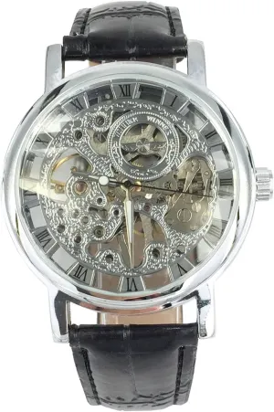 Hand Wind Mechanical Silver Dial Skeleton Analog Leather audio celestial straighten son Guinea Watch Vantasy Men's Elegant Roman Stainless Steel 