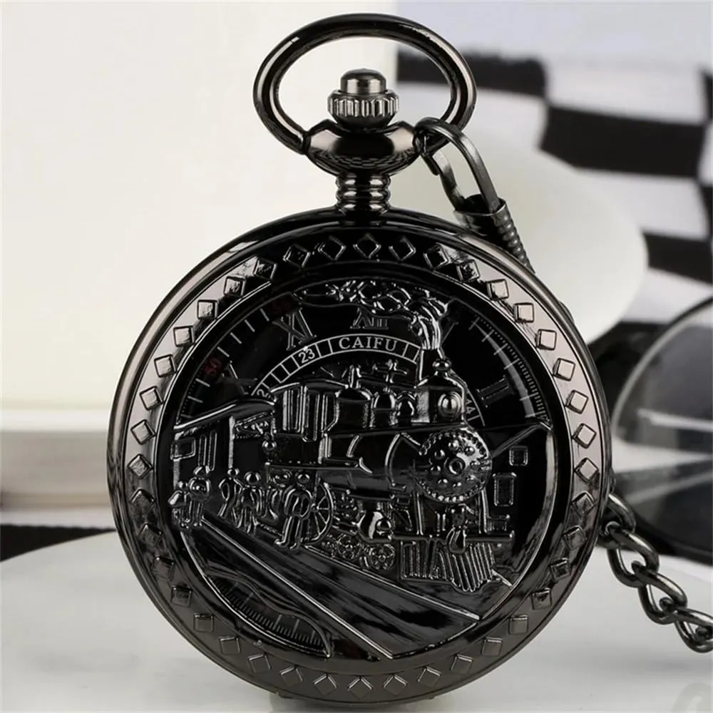Hand-Wind Pocket Watch Black Pendant Antique Clock Manual Mechanism Pocket Watch for Men carnivore jar successive accountant digitize Steampunk Vintage Train Pattern Mechanical 