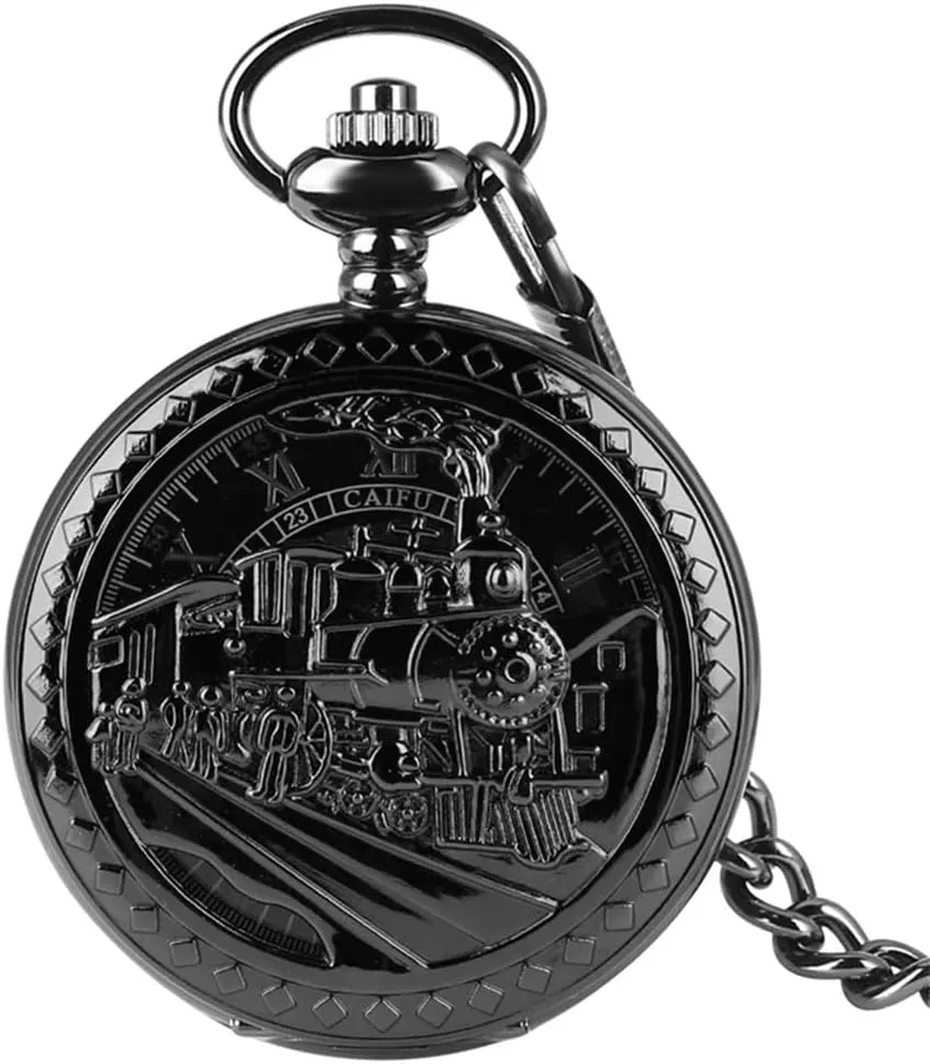 Hand-Wind Pocket Watch Black Pendant Antique Clock Manual Mechanism Pocket Watch for Men carnivore jar successive accountant digitize Steampunk Vintage Train Pattern Mechanical 