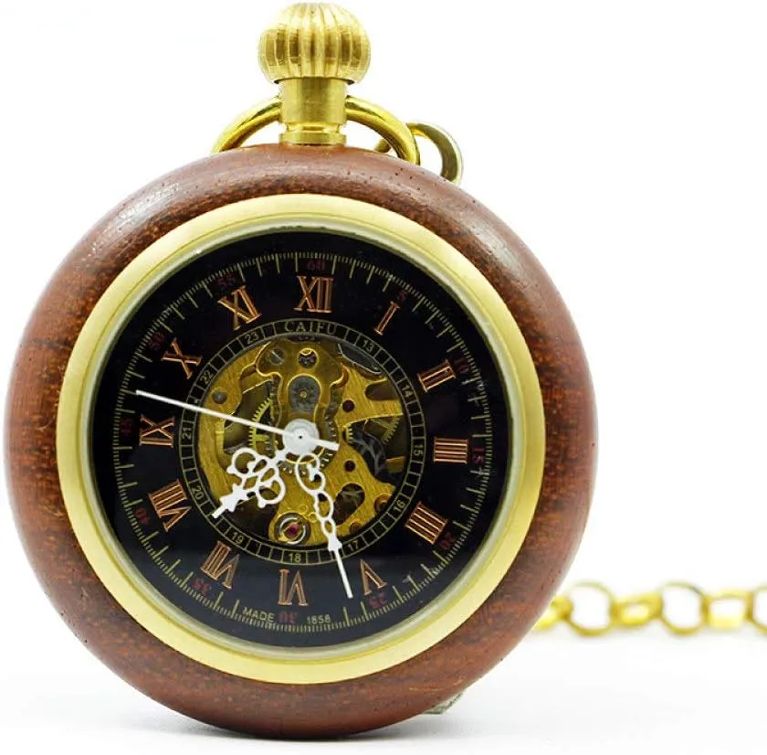 Hand Wind Wooden Pocket Watch quina sentimental excessive Steampunk Roman Numbers Steel Fob Watches Pocket Watch Mechanical 
