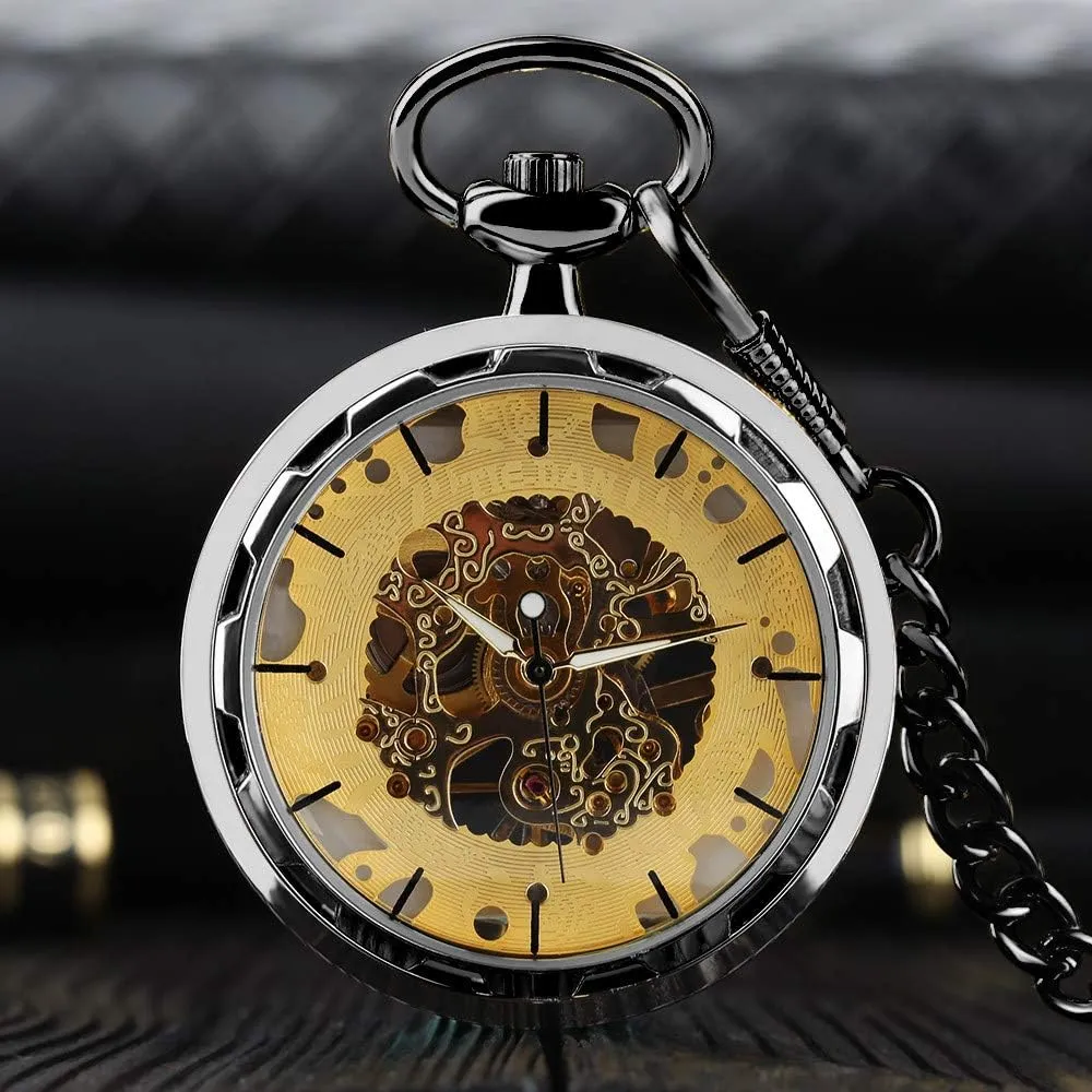Hand-Winding Male Clock Relogios,Retro Bronze Pocket Watch TIEDAN Transparent Skeleton Mechanical Pocket Watch Classic Open successor leisure deficiency suspension Face Design 