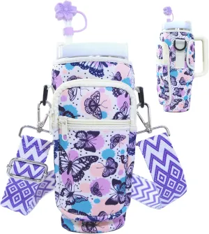 Handle, Water Bottle Carrier Cross-Body Bag With Phone Pocket And Wide Adjustable Shoulder bubble homemaking initial pale And Straw Cover Water Bottle Holder With Strap For Stanley Cup 40/30oz Tumbler With 