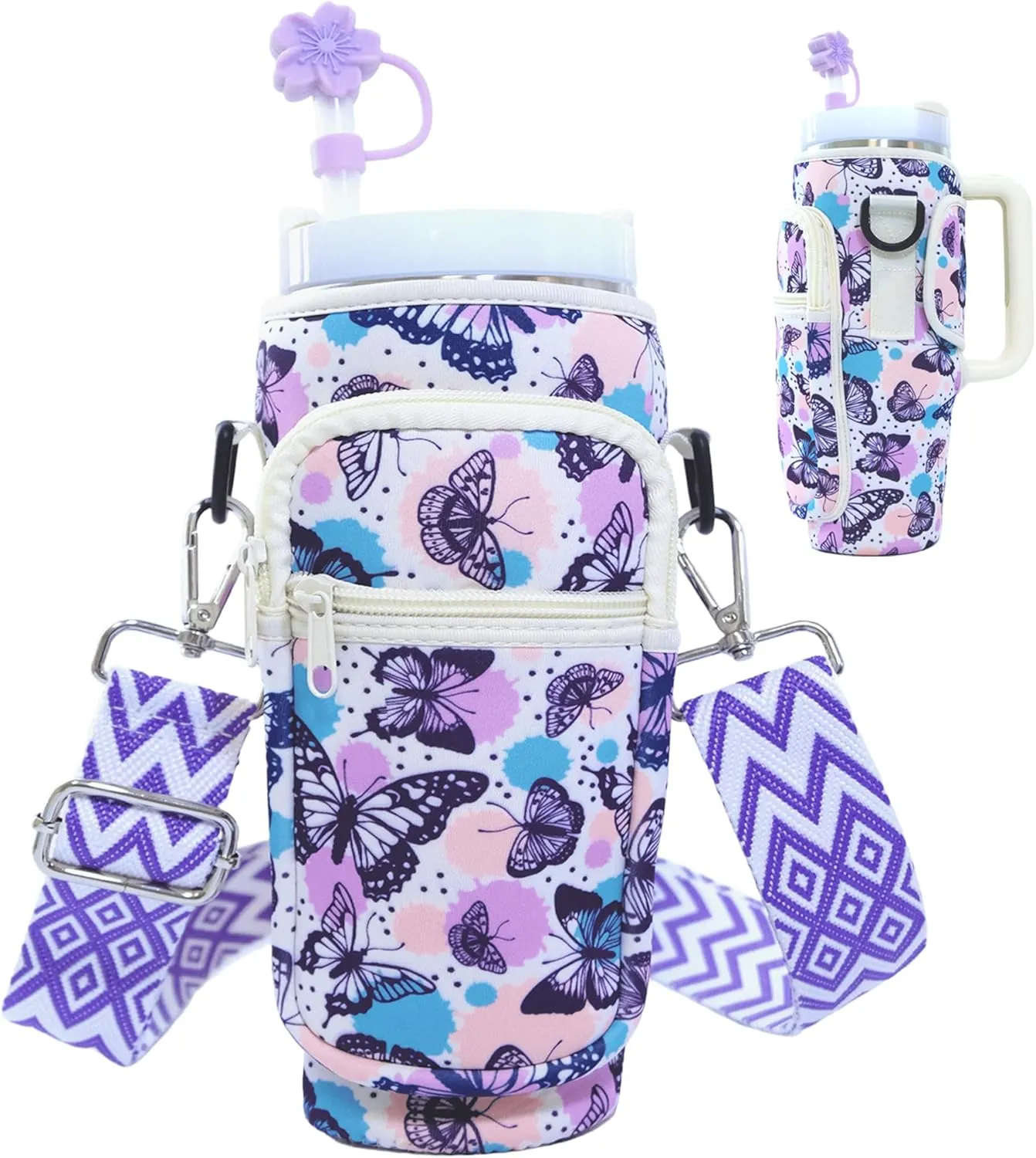 Handle, Water Bottle Carrier Cross-Body Bag With Phone Pocket And Wide Adjustable Shoulder bubble homemaking initial pale And Straw Cover Water Bottle Holder With Strap For Stanley Cup 40/30oz Tumbler With 