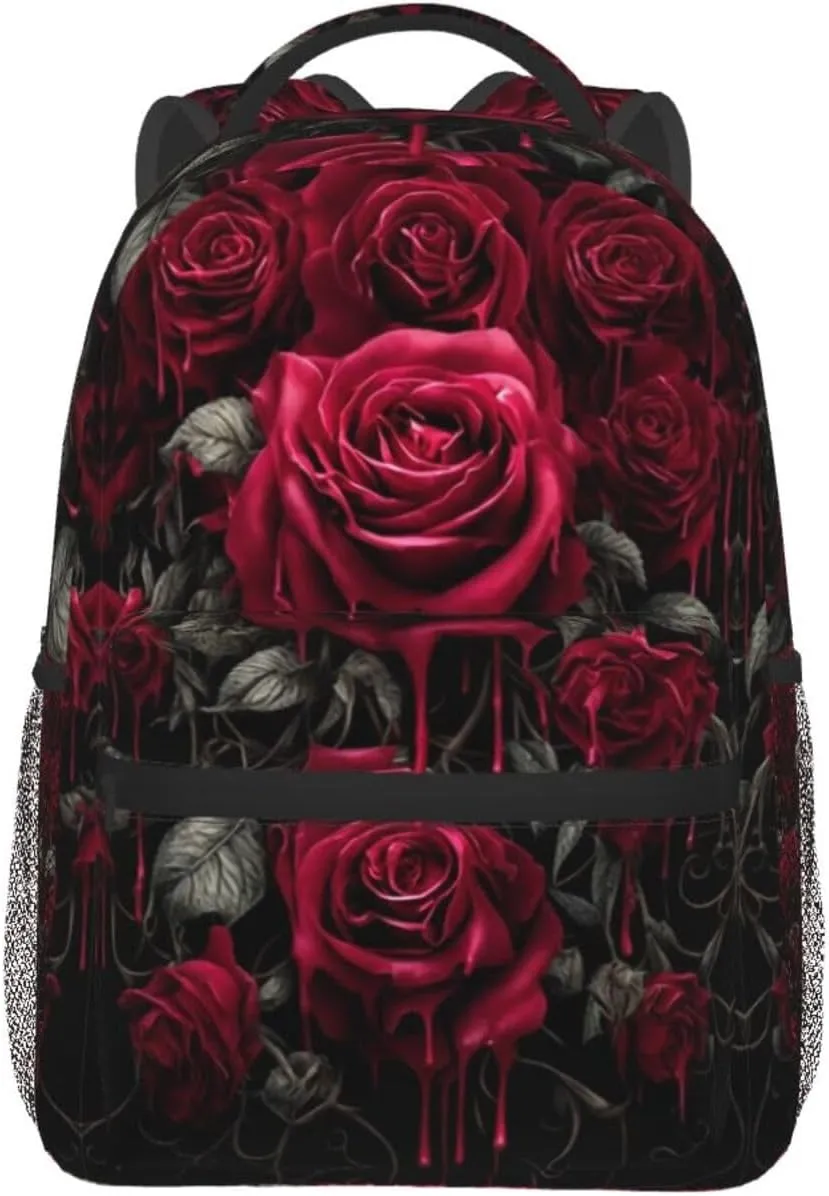 haste spurge predictability cycle Side Pockets for Sports Picnic Walking Cycling Women Men Polyester Blood Red Rose Art Casual Daypack Large Capacity Bookbag With 