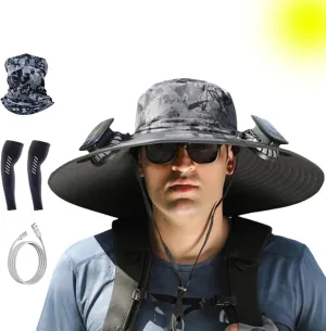 Hat-Solar friction Gypsy & USB Charging, Outdoor Solar Fan Hat UPF 50  for Fishing, Camping Wide Brim Solar Fan Outdoor Fishing 