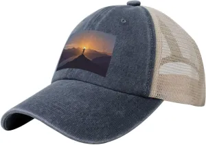 Hats Dad Caps Man Standing on Top of a Mountain Watching The Sunset View Baseball Cap Women Men Mesh Back Denim anger Hat Vintage Trucker 