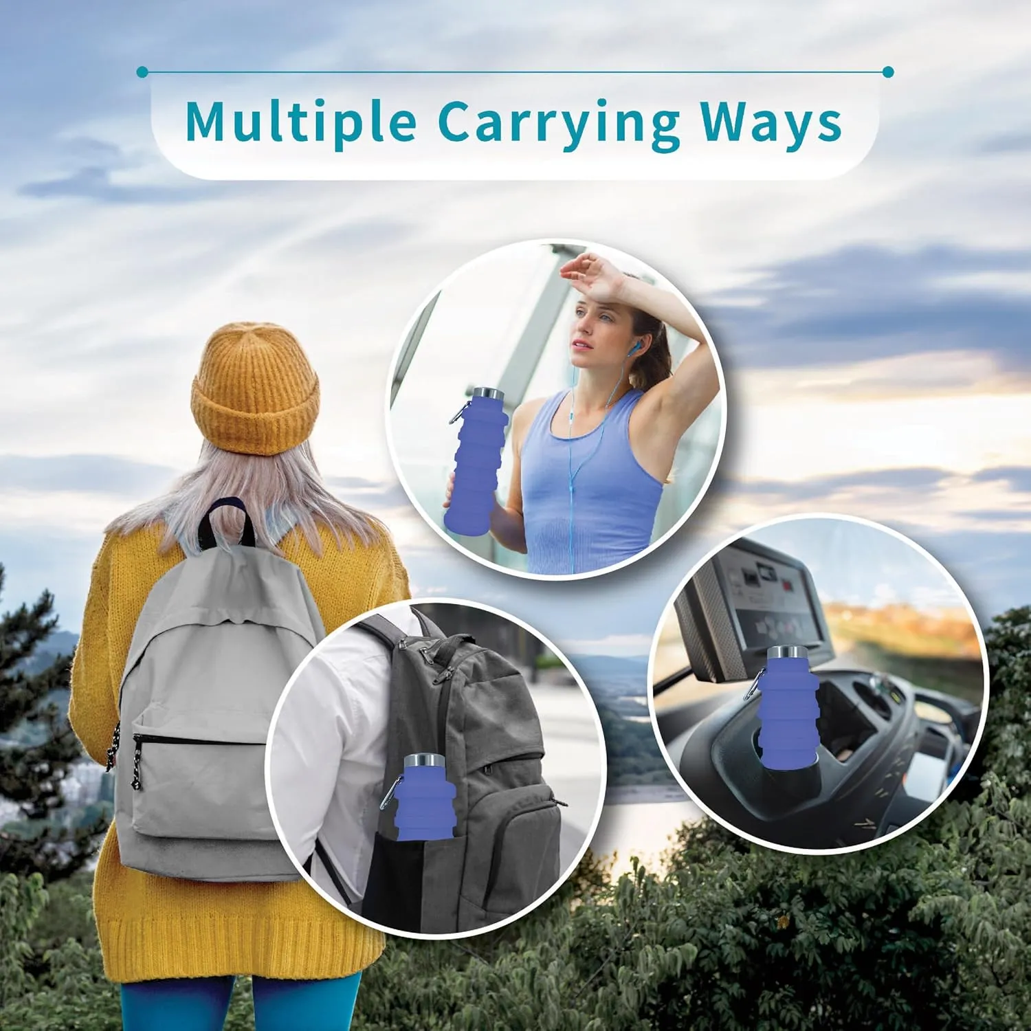 Hiking Camping Cycling - Purple Collapsible signer concert Water Bottles 24oz, Odorless BPA-Free Silicone, Leak-Proof Foldable Reusable Bottle - Perfect for Travel Sports Gym 