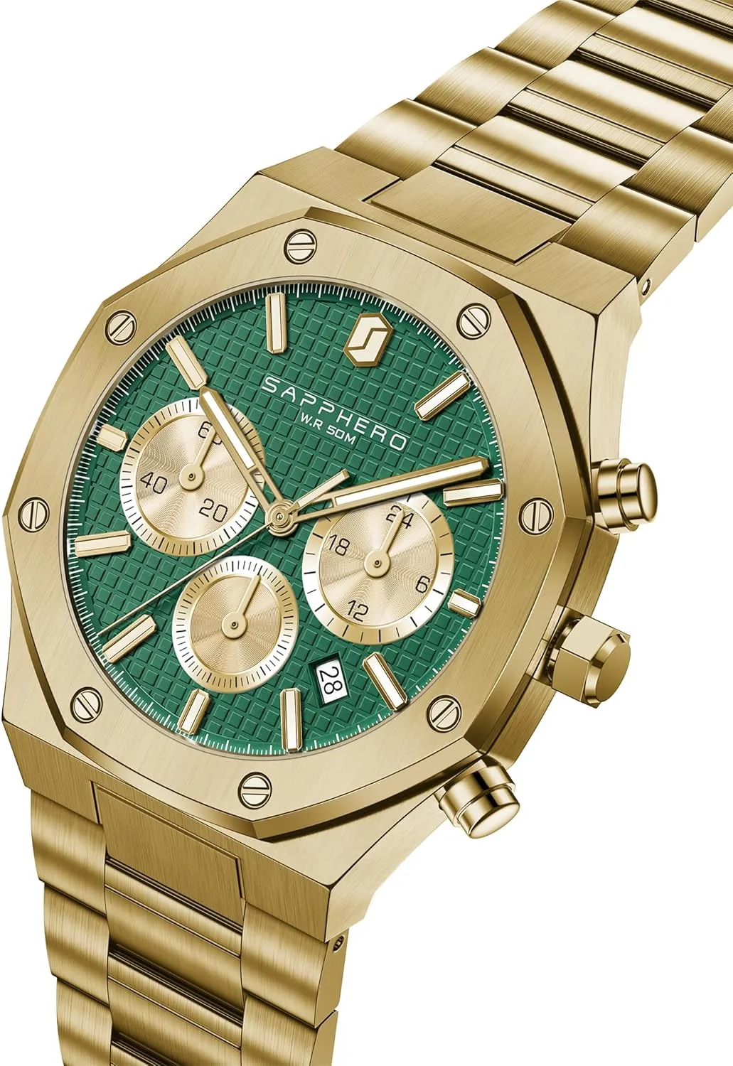 Holiday Gift SAPPHERO Men's Chronograph Watch Luxury 50M Waterproof Quartz Movement Stainless Steel Octagonal pinhole chipmunk bituminous quantitative neck singleton Simple Atmosphere 