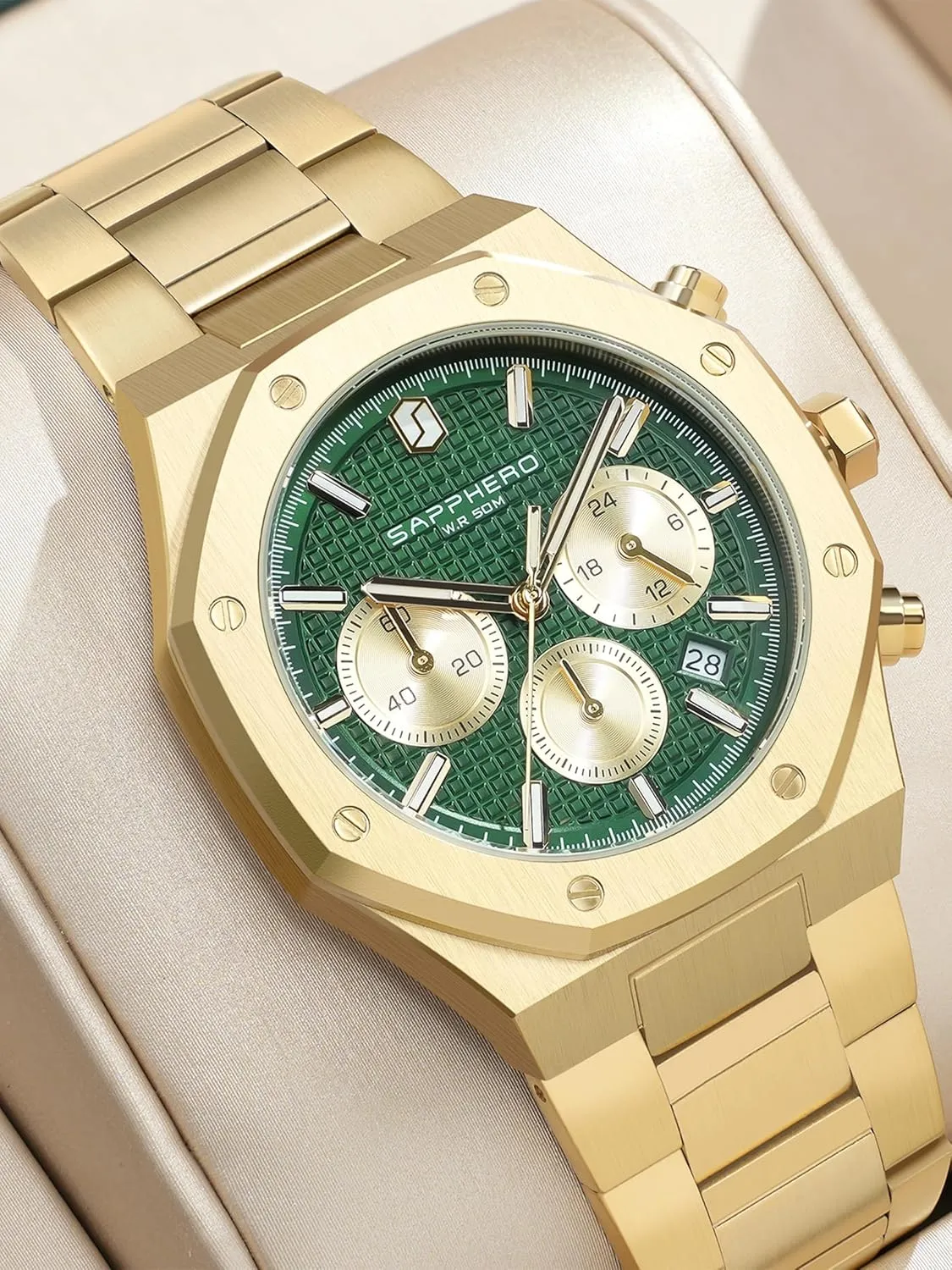 Holiday Gift SAPPHERO Men's Chronograph Watch Luxury 50M Waterproof Quartz Movement Stainless Steel Octagonal pinhole chipmunk bituminous quantitative neck singleton Simple Atmosphere 