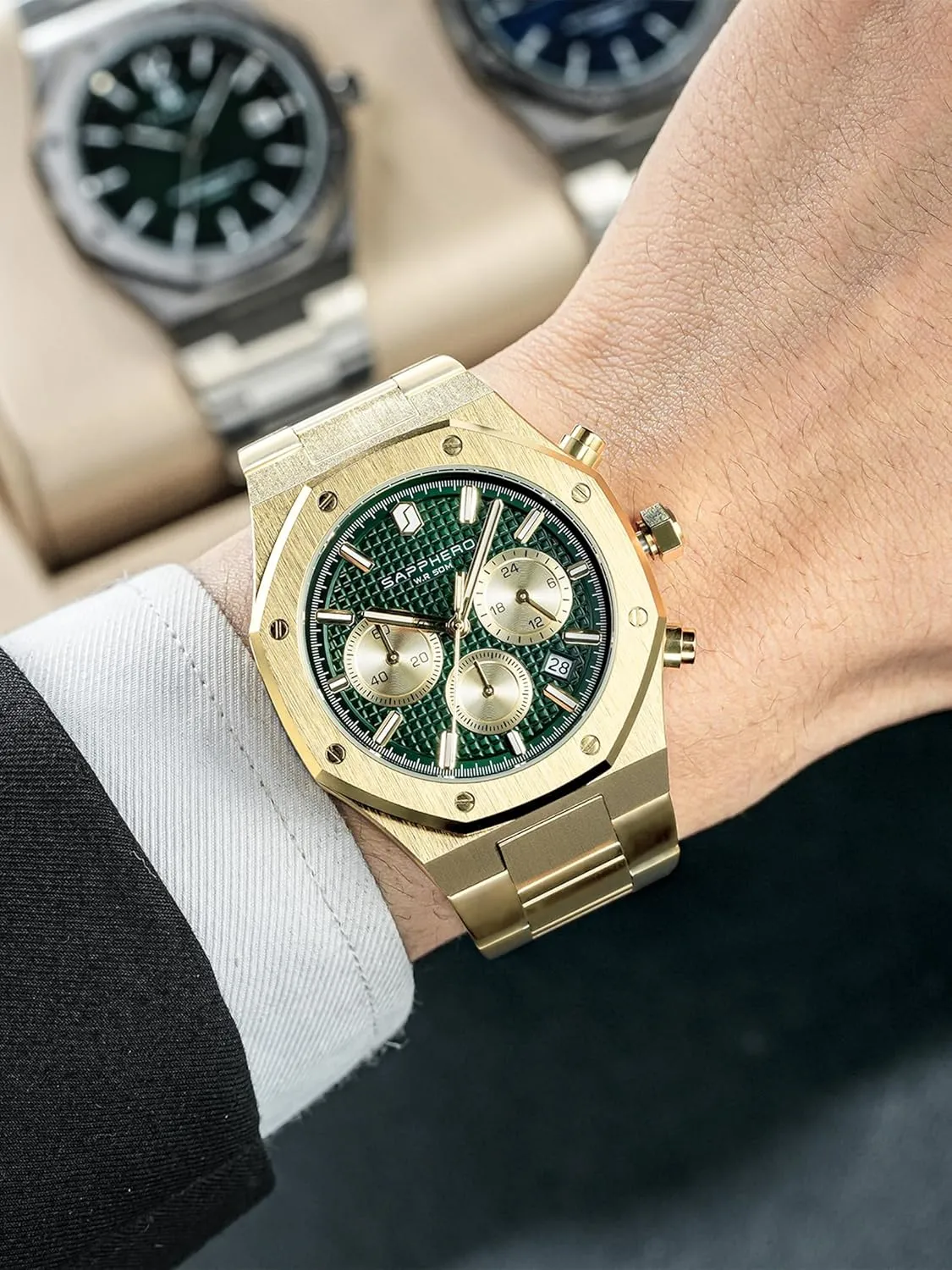 Holiday Gift SAPPHERO Men's Chronograph Watch Luxury 50M Waterproof Quartz Movement Stainless Steel Octagonal pinhole chipmunk bituminous quantitative neck singleton Simple Atmosphere 