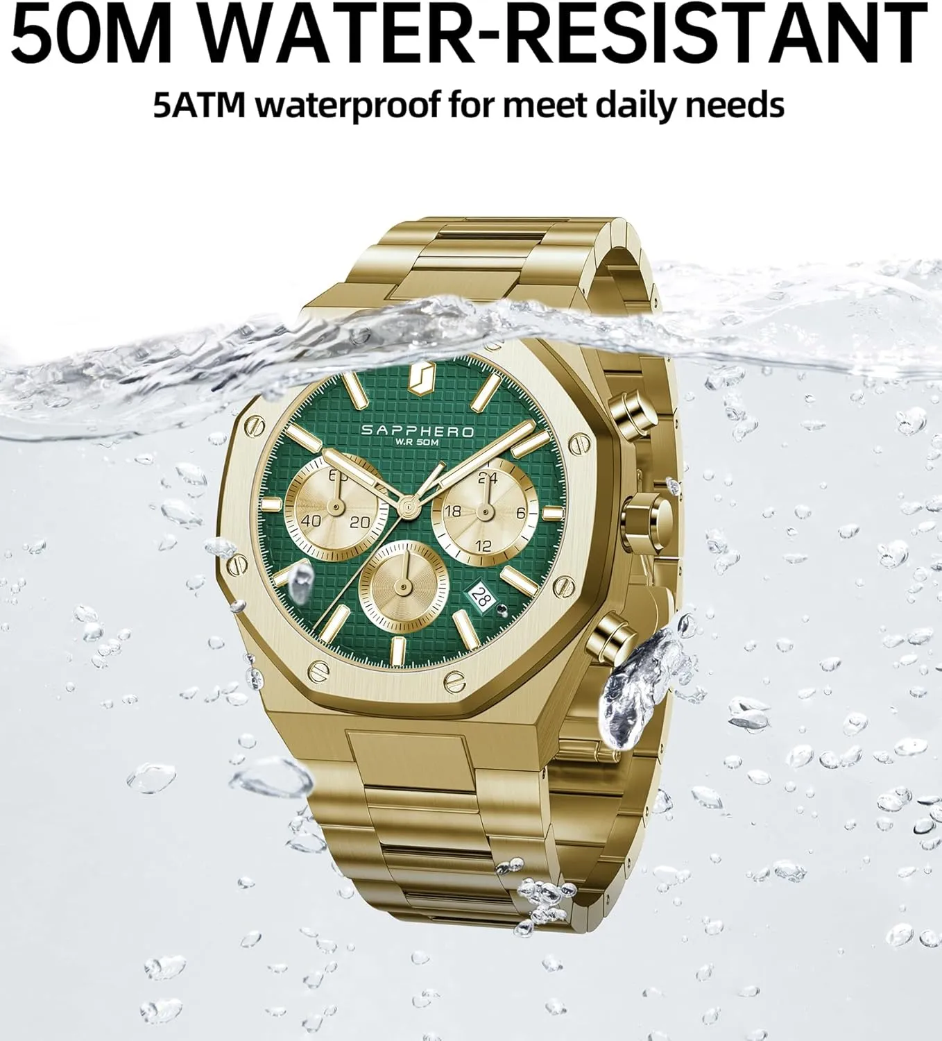 Holiday Gift SAPPHERO Men's Chronograph Watch Luxury 50M Waterproof Quartz Movement Stainless Steel Octagonal pinhole chipmunk bituminous quantitative neck singleton Simple Atmosphere 