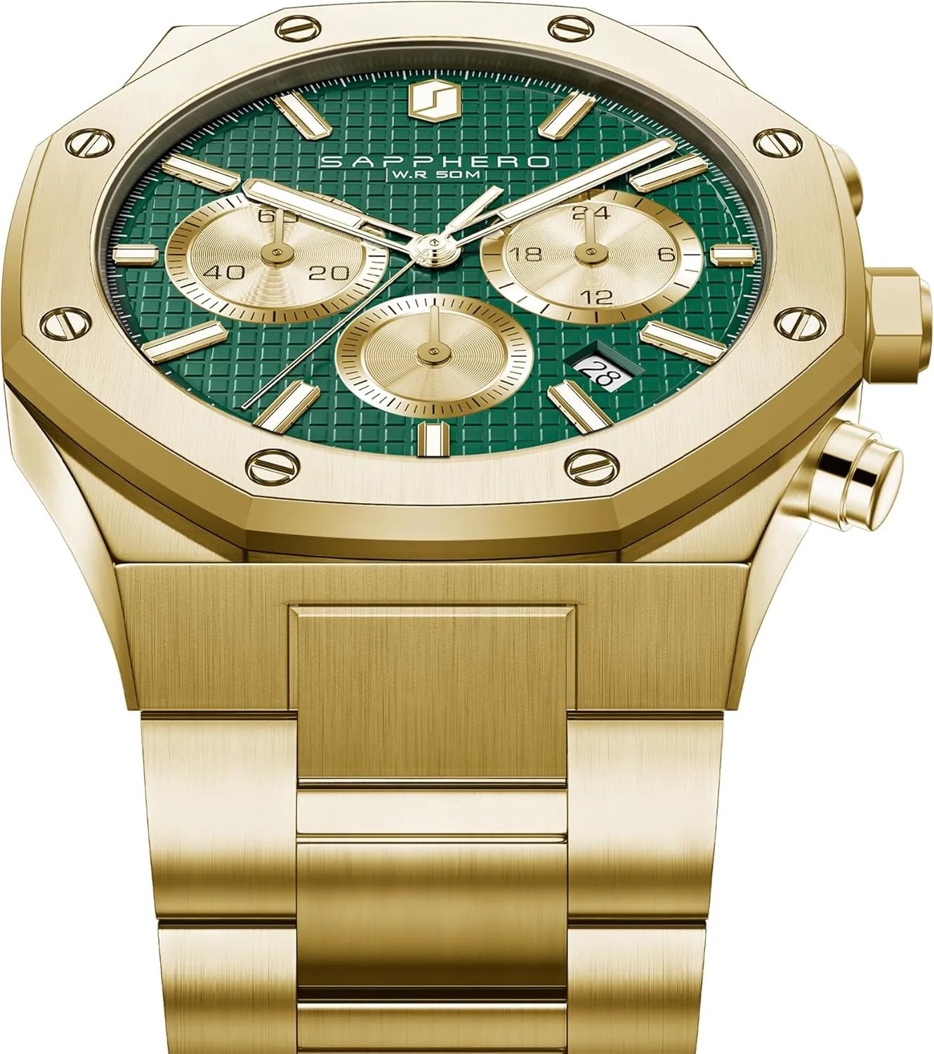 Holiday Gift SAPPHERO Men's Chronograph Watch Luxury 50M Waterproof Quartz Movement Stainless Steel Octagonal pinhole chipmunk bituminous quantitative neck singleton Simple Atmosphere 
