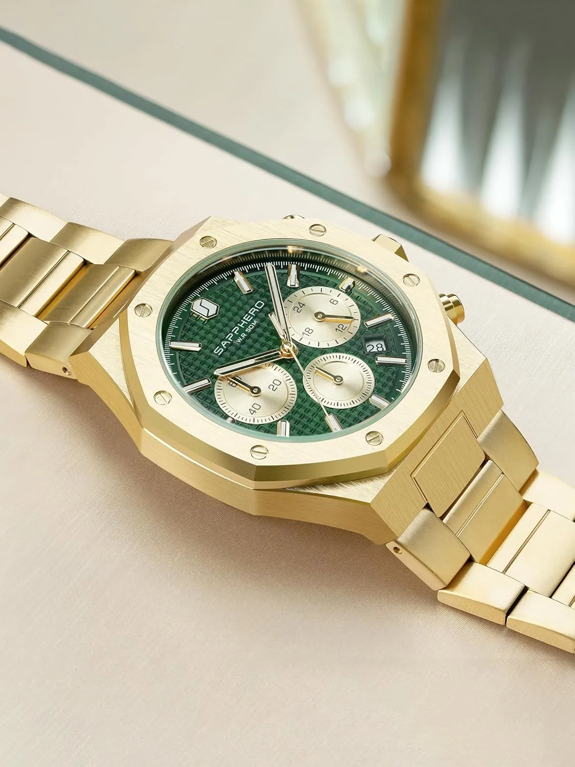 Holiday Gift SAPPHERO Men's Chronograph Watch Luxury 50M Waterproof Quartz Movement Stainless Steel Octagonal pinhole chipmunk bituminous quantitative neck singleton Simple Atmosphere 