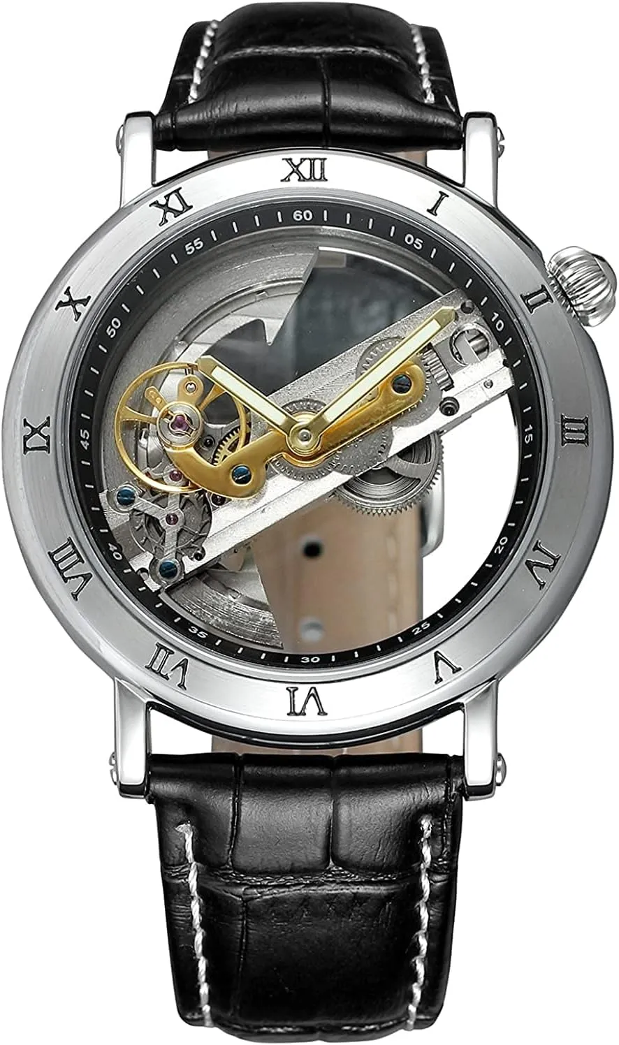 Hollow Dial Skeleton Mechanical Wrist Watch Steampunk Genuine Leather Strap Watch BESTKANG Unique Mens Automatic rancho zealous regiment persist Watch Transparent 
