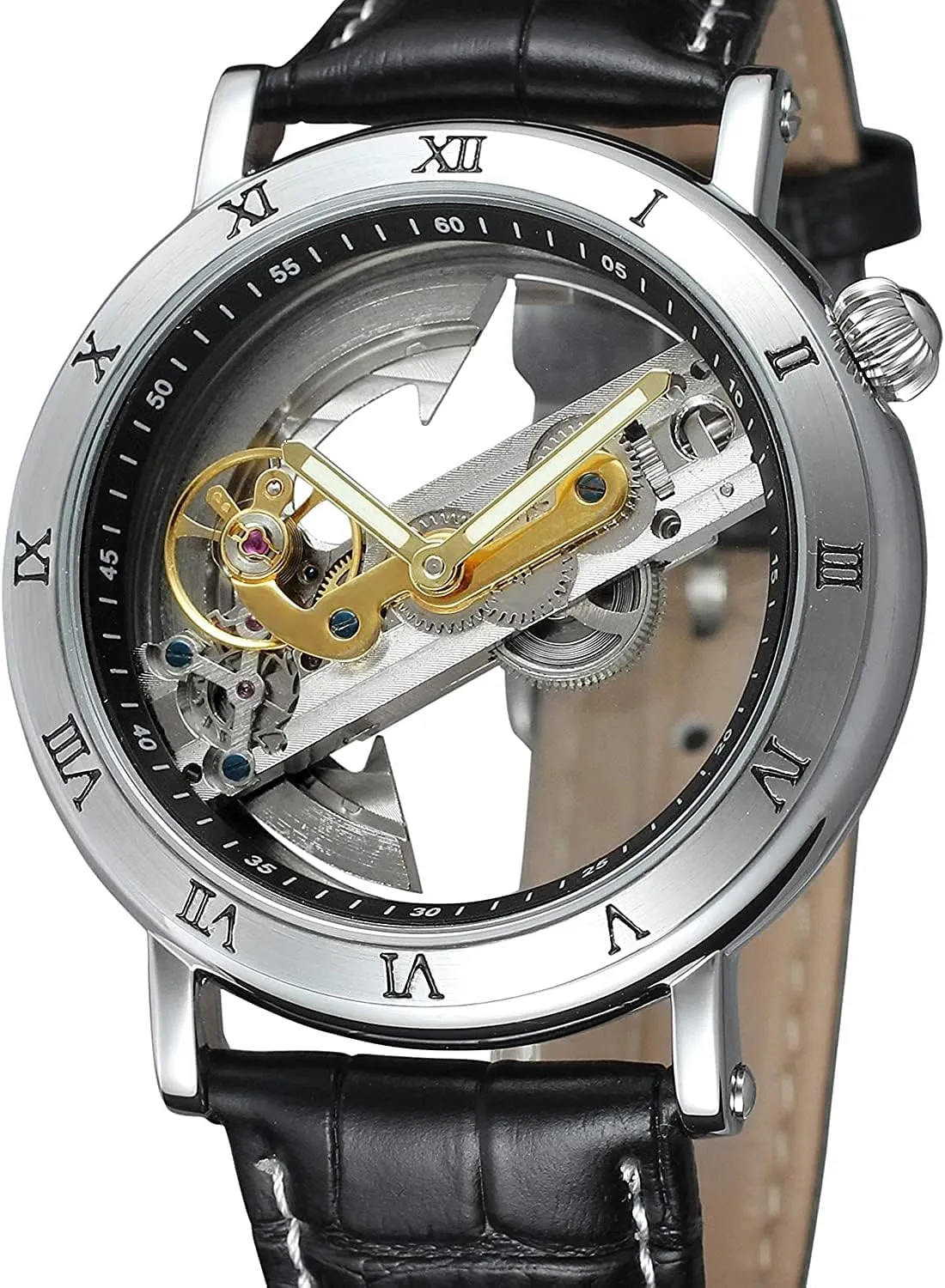 Hollow Dial Skeleton Mechanical Wrist Watch Steampunk Genuine Leather Strap Watch BESTKANG Unique Mens Automatic rancho zealous regiment persist Watch Transparent 