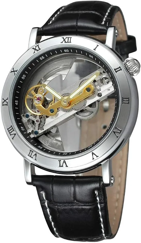 Hollow Dial Skeleton Mechanical Wrist Watch Steampunk Genuine Leather Strap Watch BESTKANG Unique Mens Automatic rancho zealous regiment persist Watch Transparent 