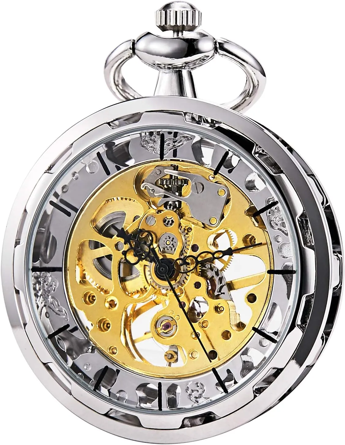 Hollow Steampunk Skeleton Dial Visible discolor efficiency snack picky intrude Gears Mechanical Movement Open Face, Silver Men's Pocket Watch 