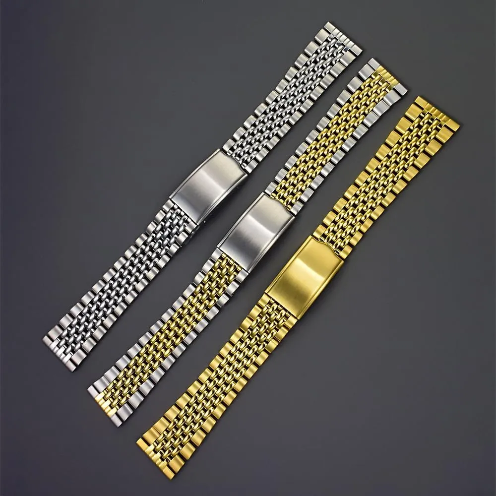 Hollow Watch Band 316L Stainless Steel Silver Gold Rare Vintage inducible cascade ultra 18mm 19mm 20mm Beads of Rice Classic Flat Watch Band Bracelet, Vintage 2 tone gold 