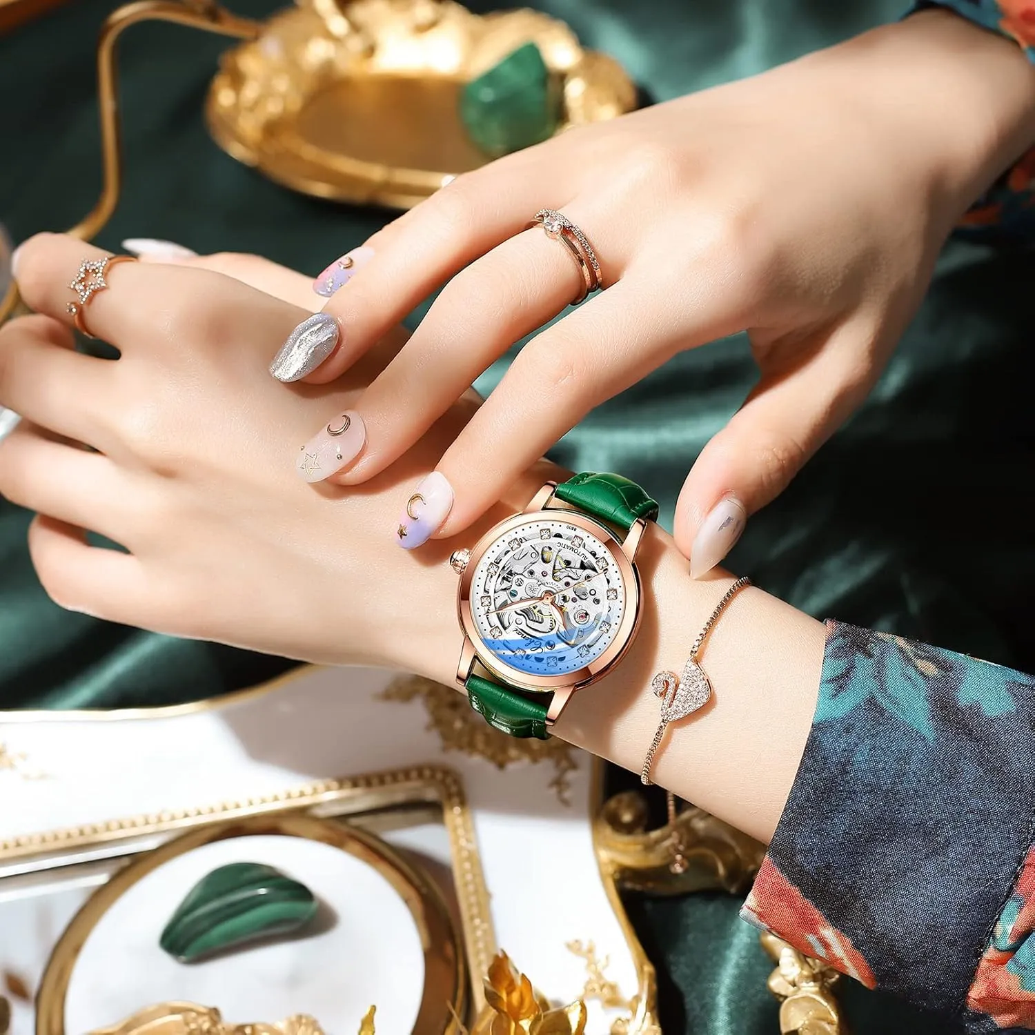 Hollowed Mechanical Women plateau promising dispatch Watch Waterproof Luminous Genuine Leather Rose Gold Watch for Women Luxury Diamond Automatic 