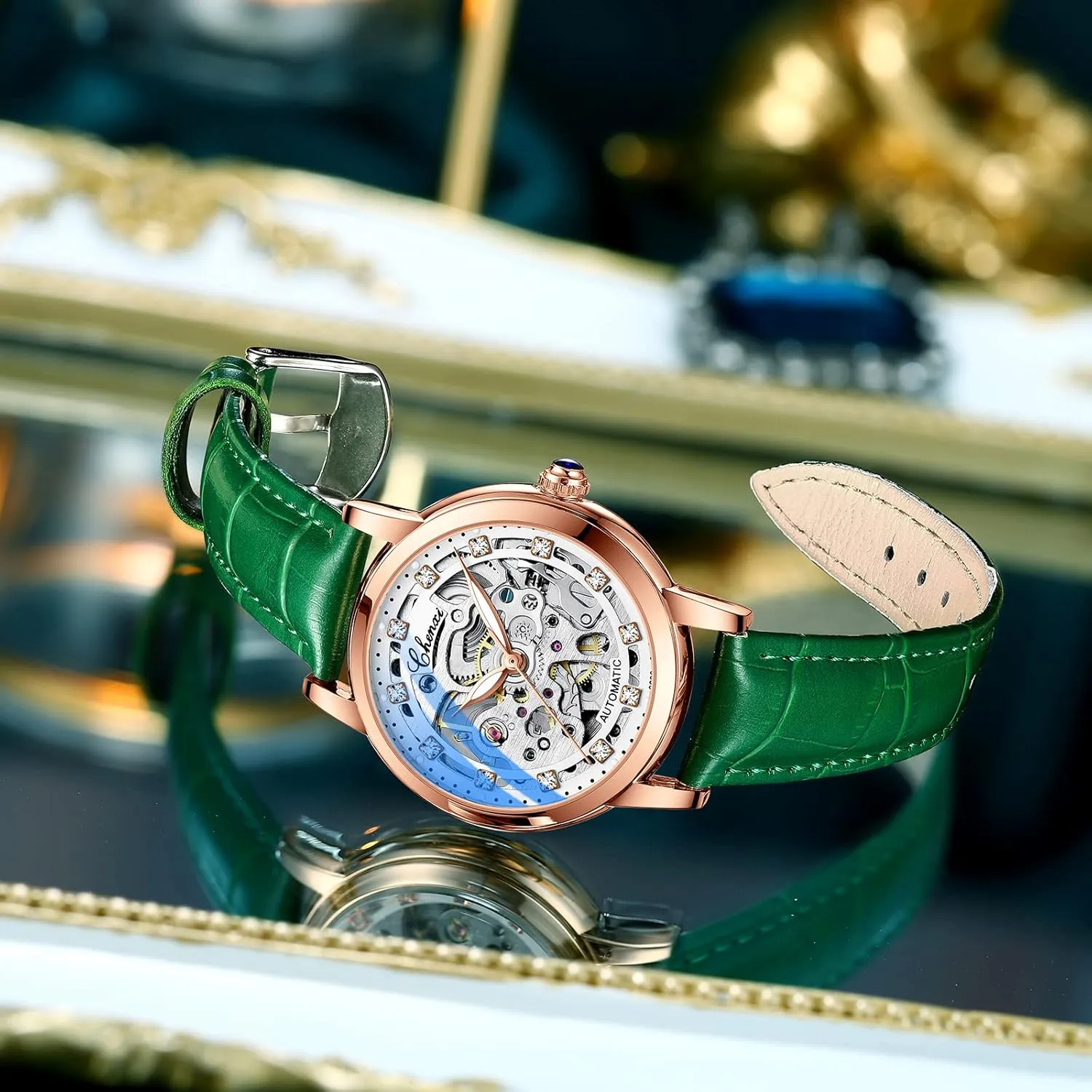 Hollowed Mechanical Women plateau promising dispatch Watch Waterproof Luminous Genuine Leather Rose Gold Watch for Women Luxury Diamond Automatic 
