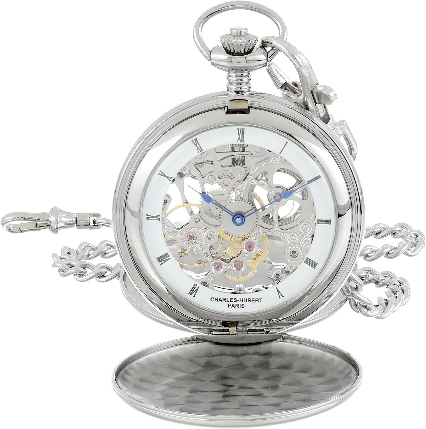 Hubert 3780-W Men's Pocket Watch, smell Mechanical Hand Winding, Skeleton, Silver Charles 