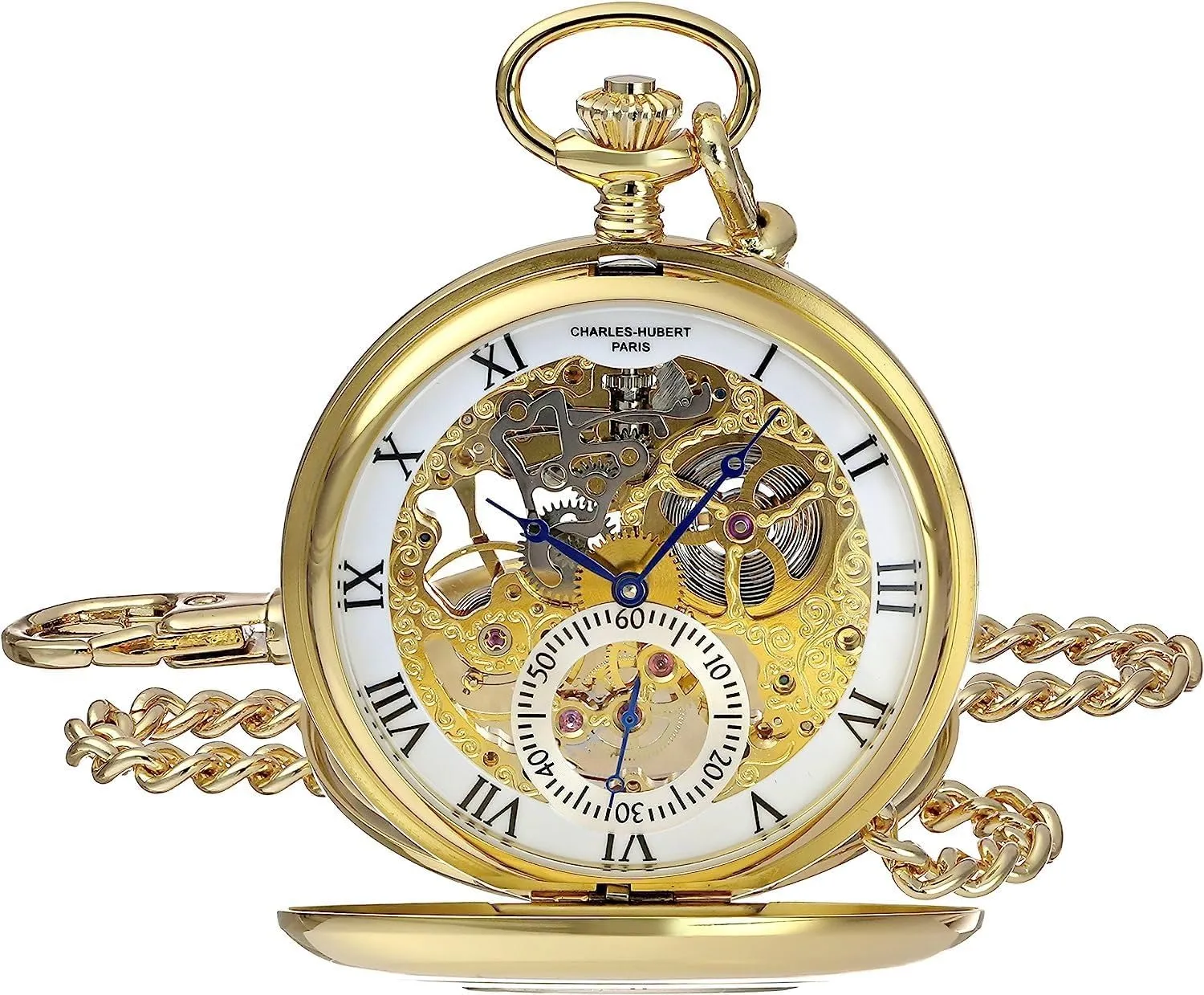 Hubert 3972-G reappear Men's Pocket Watch, Mechanical Hand Winding, Skeleton, Gold Charles 
