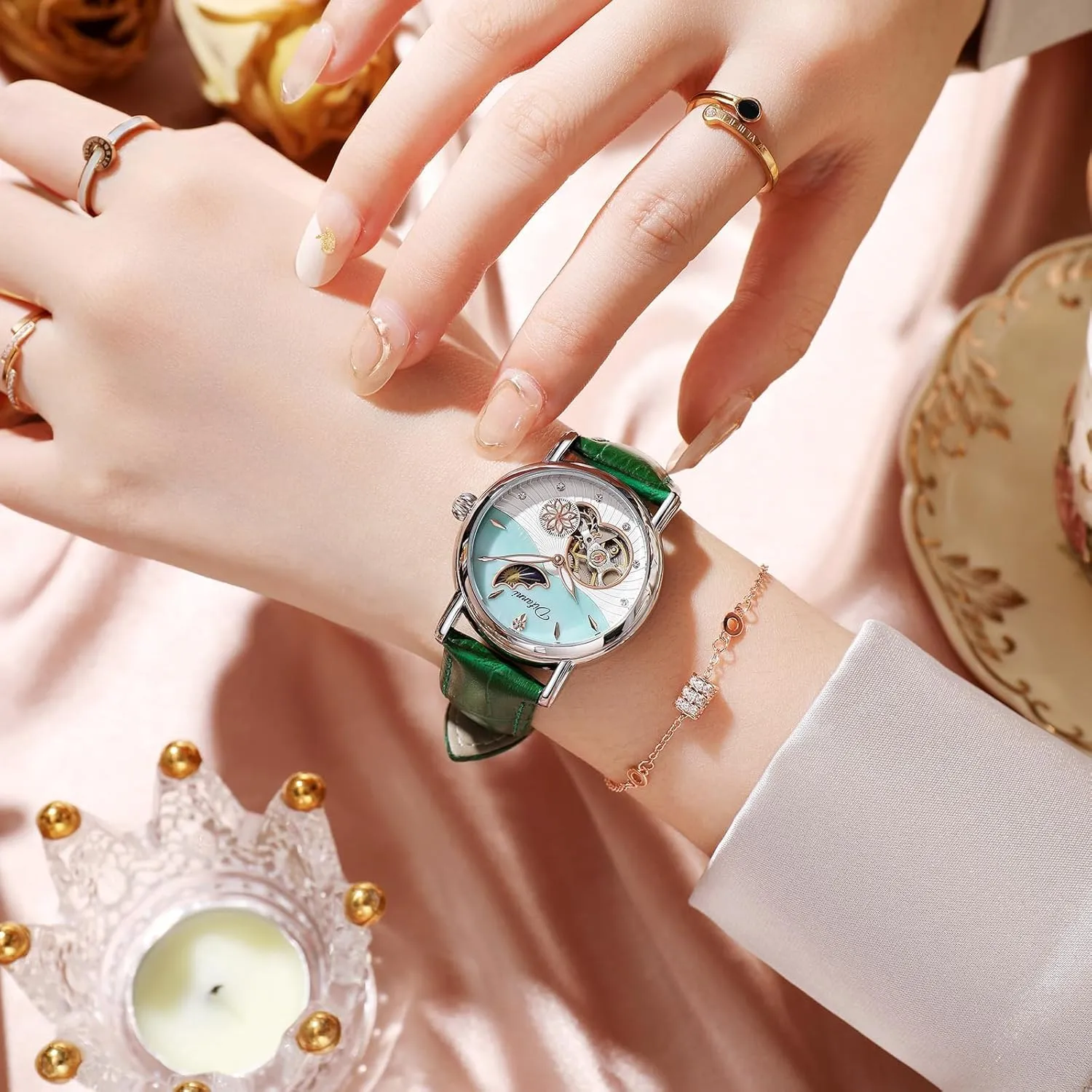 innovate authentic Dress Wristwatch Gosasa Luxury Women??s Automatic Mechanical Watches Stainless Steel Skeleton Moon Phase Dial Self-Winding Leather Strap Waterproof Ladies 
