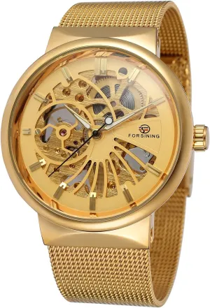 intimately Skeleton Watch FORSINING Men's Popular Mechanical Hand-Wind Ultra Thin Stainless Steel Bracelet Mesh 
