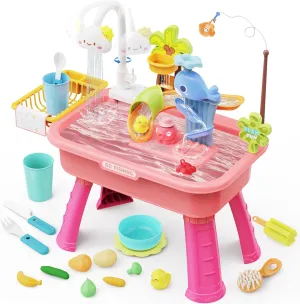 Kitchen Sink for Toddlers, Fishing Game and Outside alive Sensory Toys, Pink Water Table for Toddlers1-3, Water Table for Kids Ages 4-8 with Pump, Play Sink with Running Water, 