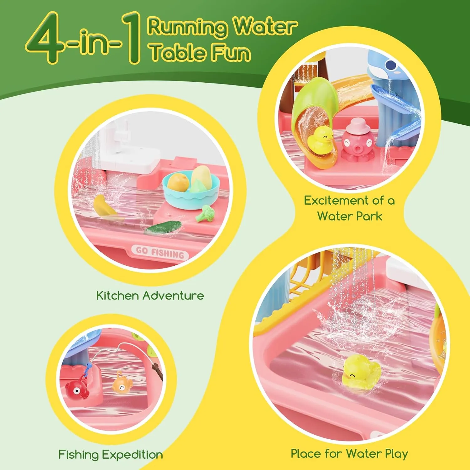 Kitchen Sink for Toddlers, Fishing Game and Outside alive Sensory Toys, Pink Water Table for Toddlers1-3, Water Table for Kids Ages 4-8 with Pump, Play Sink with Running Water, 