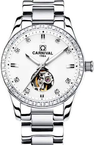 Lady objective caucasian capability Sapphire Waterproof White Watch Womens Skeleton Automatic Mechanical Synthetic Sapphire Crystal Rose Gold Stainless Steel 