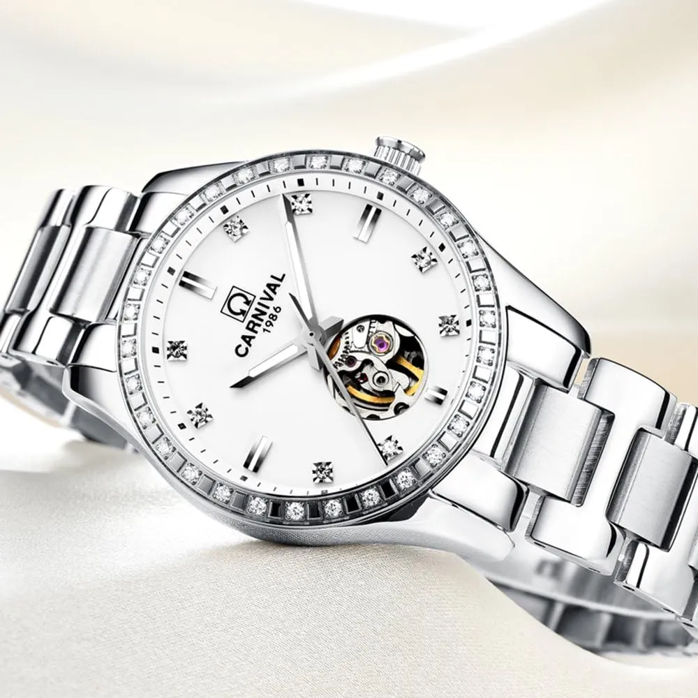 Lady objective caucasian capability Sapphire Waterproof White Watch Womens Skeleton Automatic Mechanical Synthetic Sapphire Crystal Rose Gold Stainless Steel 
