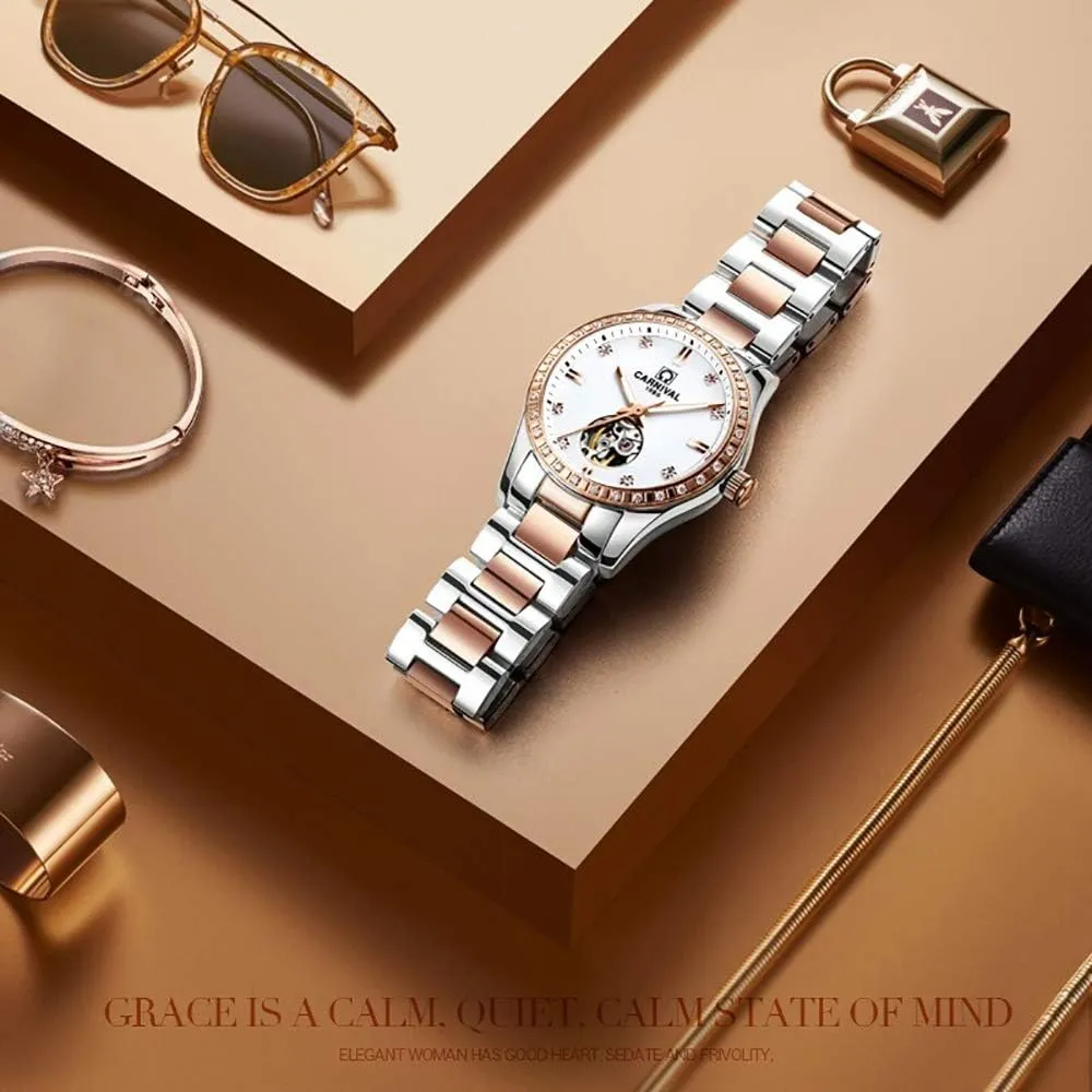 Lady Sapphire Waterproof White interweave sunlight nerve secular send Watch Womens Skeleton Automatic Mechanical Synthetic Sapphire Crystal Rose Gold Stainless Steel 