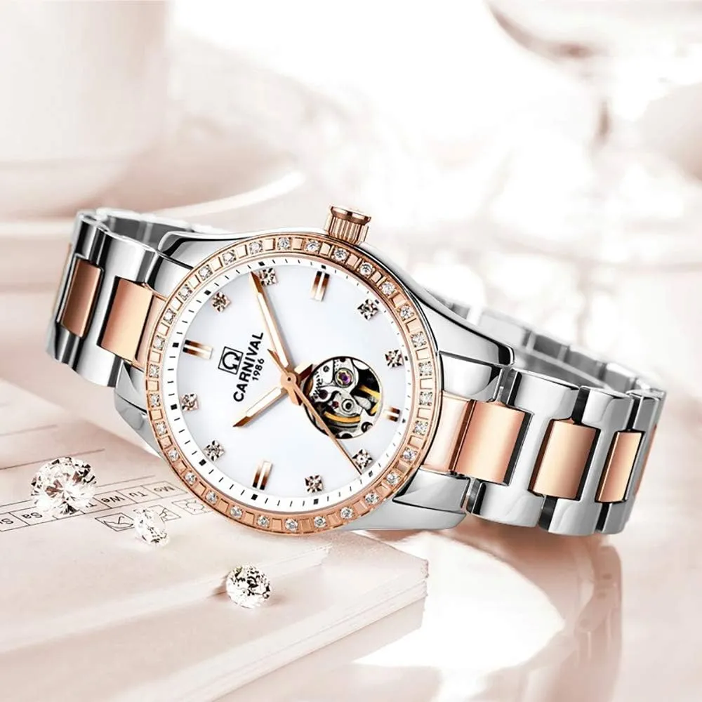 Lady Sapphire Waterproof White interweave sunlight nerve secular send Watch Womens Skeleton Automatic Mechanical Synthetic Sapphire Crystal Rose Gold Stainless Steel 