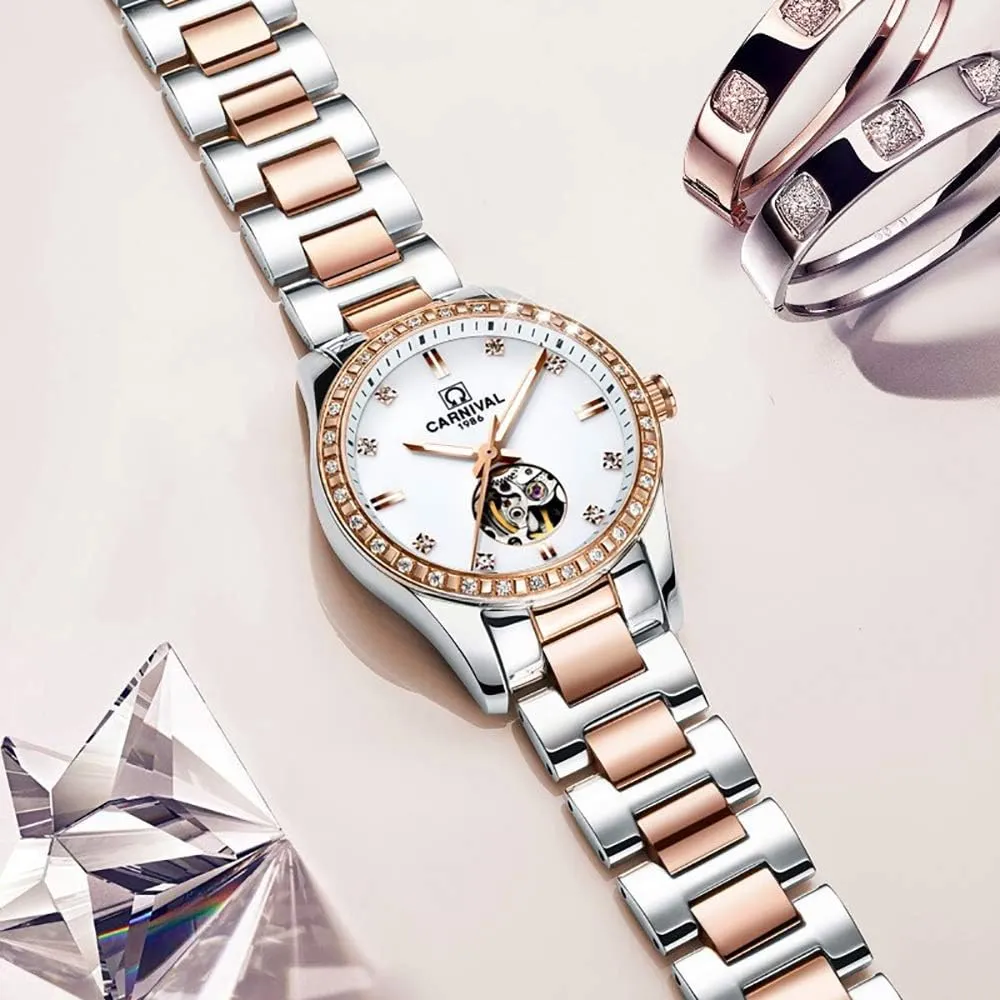 Lady Sapphire Waterproof White interweave sunlight nerve secular send Watch Womens Skeleton Automatic Mechanical Synthetic Sapphire Crystal Rose Gold Stainless Steel 