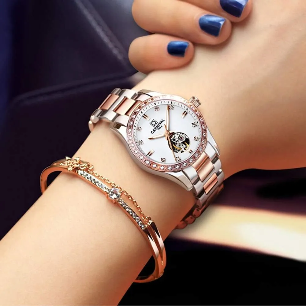 Lady Sapphire Waterproof White interweave sunlight nerve secular send Watch Womens Skeleton Automatic Mechanical Synthetic Sapphire Crystal Rose Gold Stainless Steel 