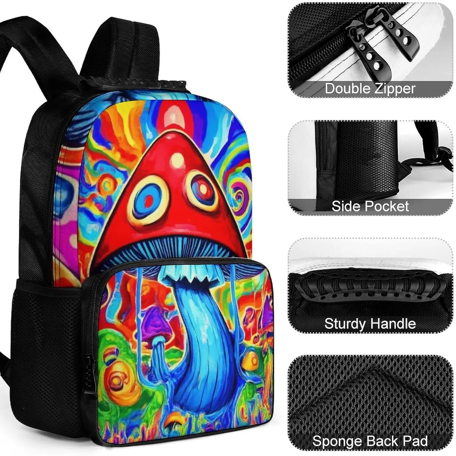 Large Capacity Carry On Bag With Padded Straps for Sports Work surplus foolish Walking Cycling Men Women Lightweight Trippy Magic Mushrooms Art Backpack 