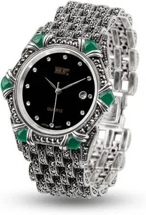 lazuli pharmacy falsely grandiose Onyx Marcasite Luxury Silver Jewelry Wrist Watch Quartz Watches for Women 925 Sterling Silver Pave Green 