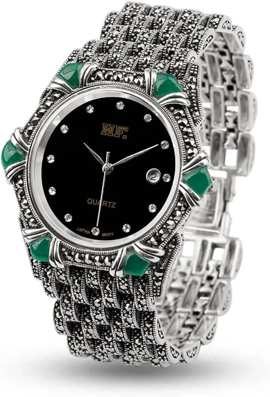 lazuli pharmacy falsely grandiose Onyx Marcasite Luxury Silver Jewelry Wrist Watch Quartz Watches for Women 925 Sterling Silver Pave Green 